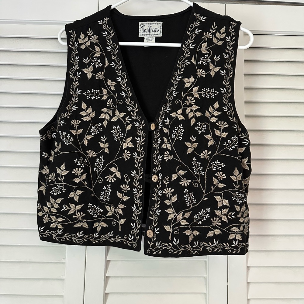 floral embroidered black, gold, and white vest